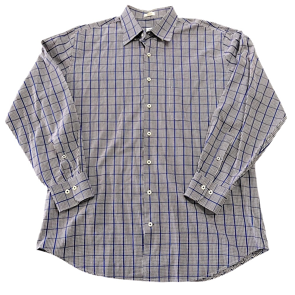 PETER MILLAR MENS COTTON PLAID BUTTON DOWN LONG SLEEVE BLUE BROWN SHIRT LARGE